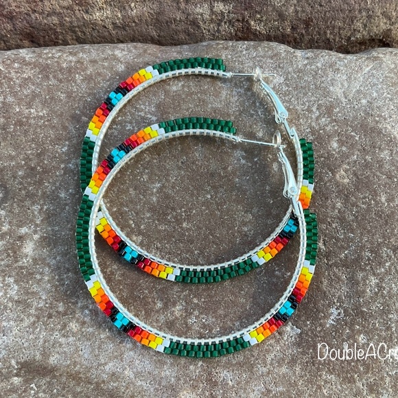 Forest Green with Native Colors 2inch Beaded Hoops, New, Handmade by Me - Picture 2 of 8